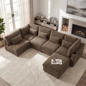 Brown Corduroy U-Shaped Sectional with USB Ports