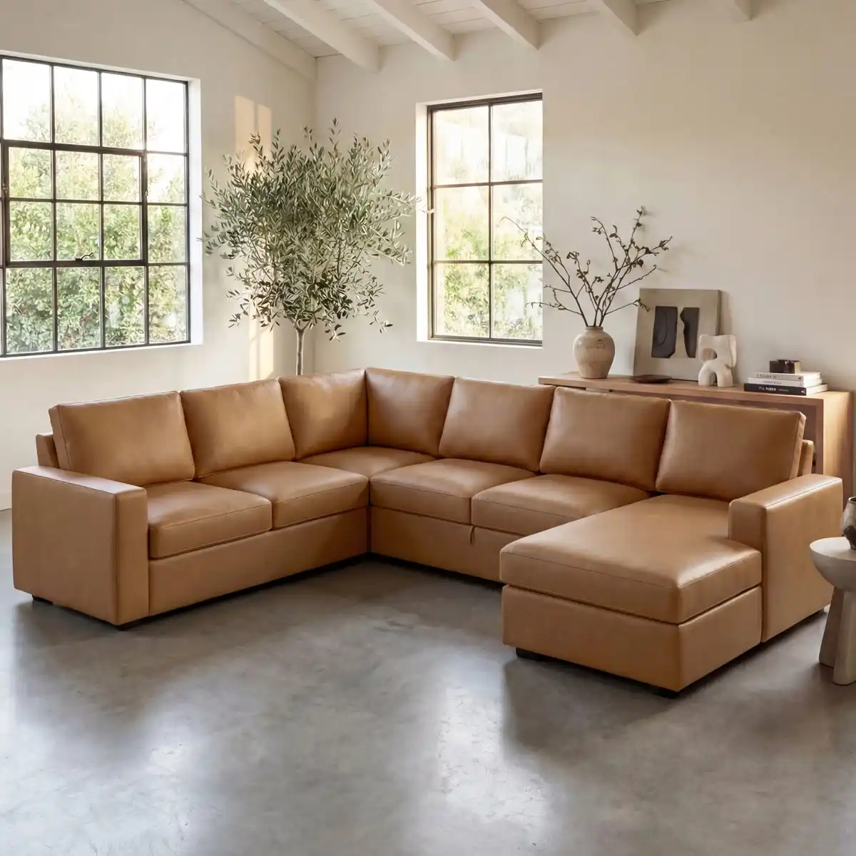 Camel Faux Leather U-Shaped Sleeper Sectional with Storage - Image 2