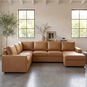 Camel Faux Leather U-Shaped Sleeper Sectional with Storage