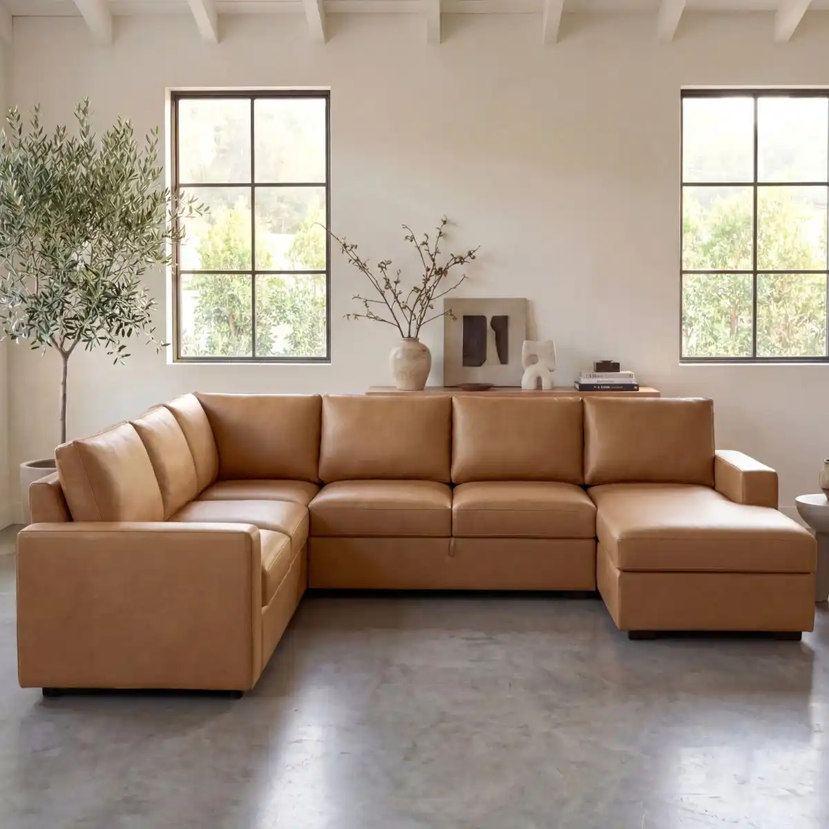 Camel Faux Leather U-Shaped Sleeper Sectional with Storage