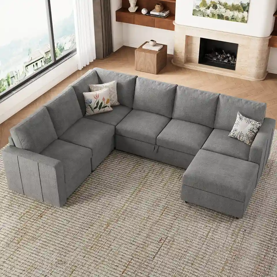 Light Gray Chenille Pull-Out Sofa Bed Sectional with Storage - Image 3