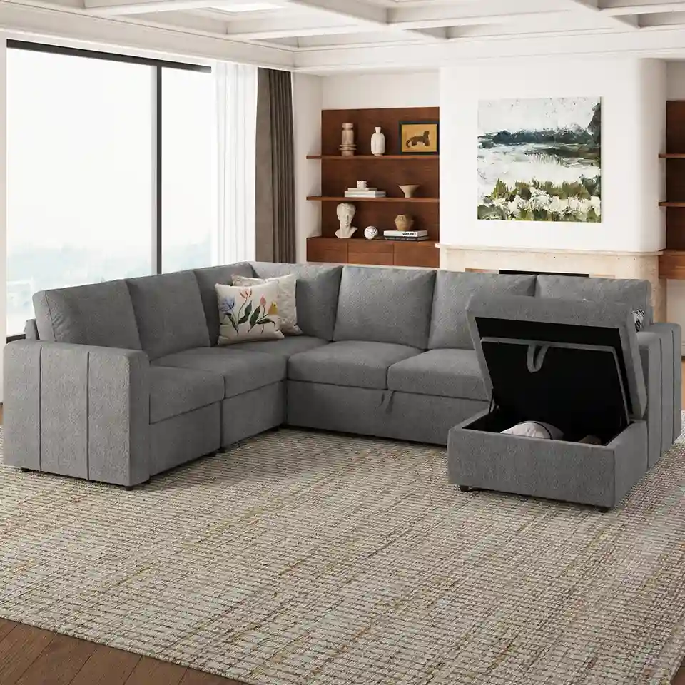 Light Gray Chenille Pull-Out Sofa Bed Sectional with Storage - Image 2