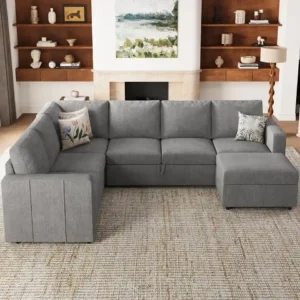 Light Gray Chenille Pull-Out Sofa Bed Sectional with Storage