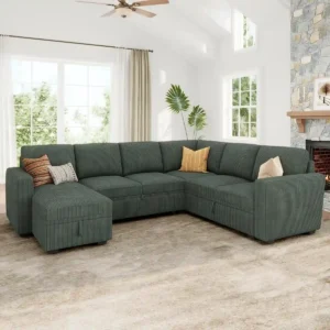 Green Corduroy U-Shaped Sleeper Sofa Bed