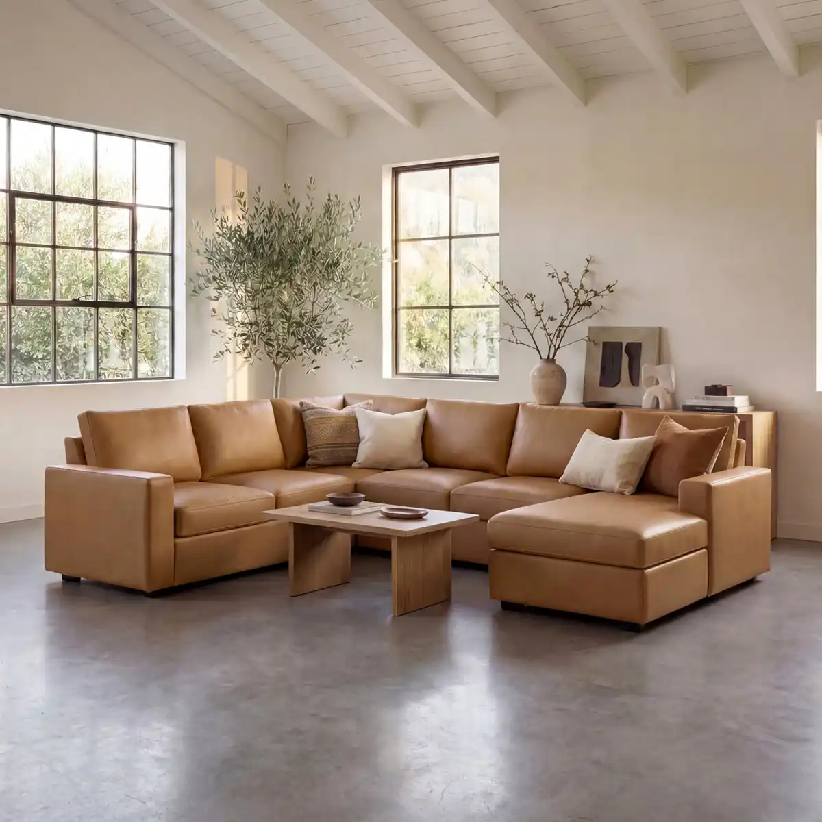 Camel Faux Leather U-Shaped Sleeper Sectional with Storage - Image 3