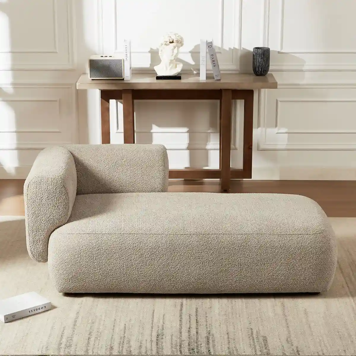 Modern Boucle Chaise Lounge Sofa – Camel - Image 2