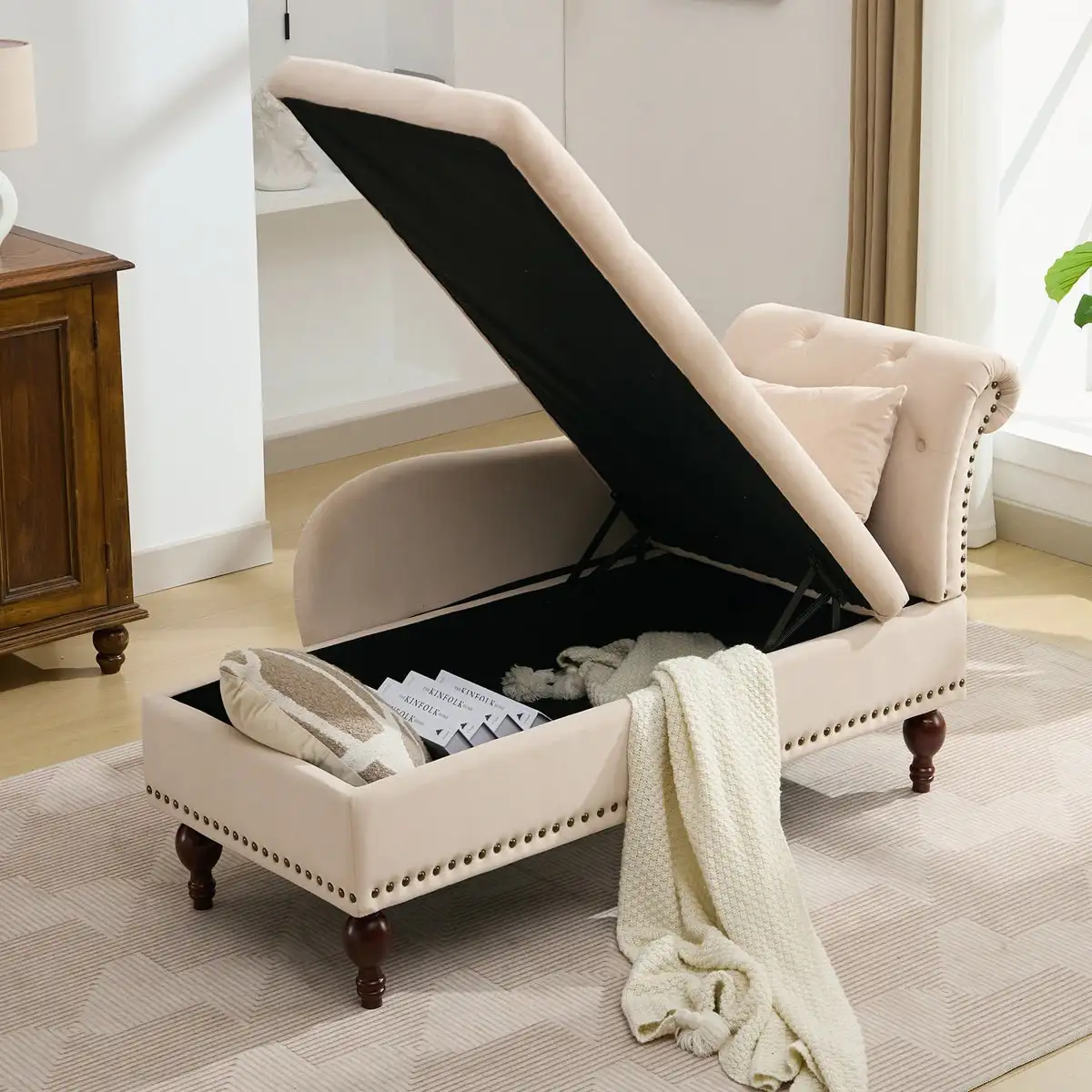 Velvet Tufted Storage Chaise Lounge Sofa - Image 2